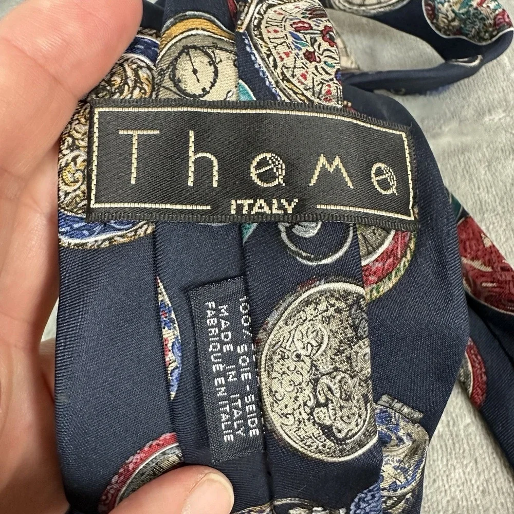 Theme Italy 100% Silk Neck Tie 3.25" x 59" Navy Blue w/ Vintage Pocket Watches - Picture 2 of 3